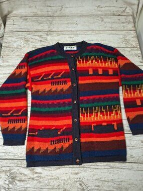 L.A.M. 100% Alpaca Bright Colorful Southwestern Aztec Cardigan Size Large